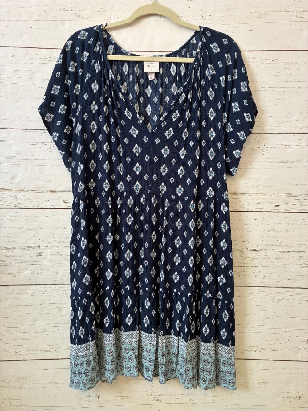 Knox Rose Navy Blue Patterned V-Neck Short Sleeve Dress, size XL